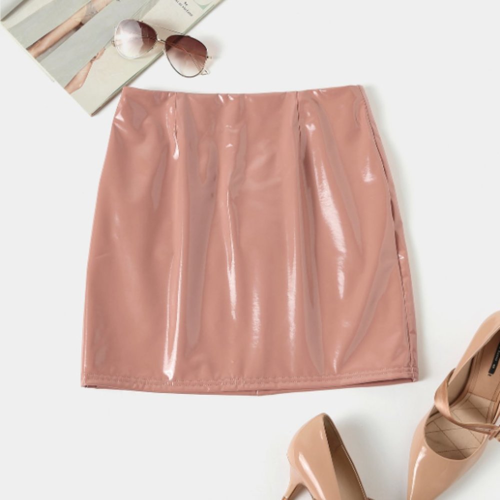 YOINS Khaki Zip Design PU Leather Skirt XL